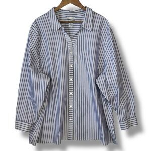 Catherines Plus 4X Blue White Striped‎ Non-Iron 100% Cotton Button Up Blouse